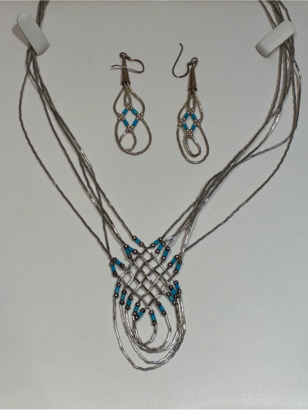 Handcrafted Navajo Liquid Silver & Turquoise Beaded Necklace and Earrings Set